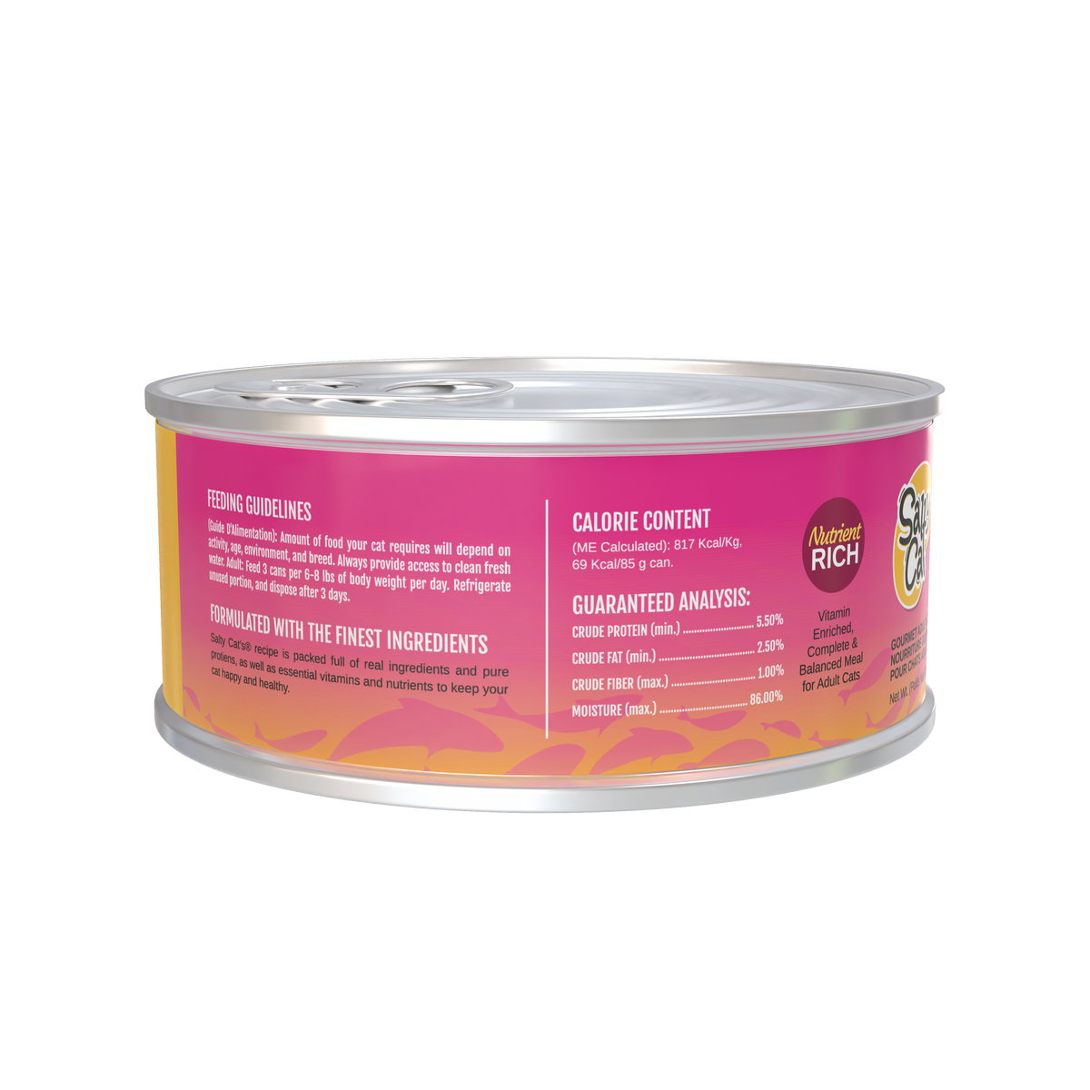 Salty Cat Captain's Catch Dinner Paté, Seafood Variety 12 Pack can, side view with info.