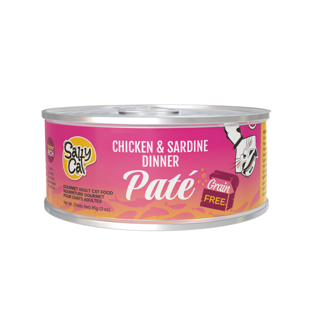 A can of Salty Cat Captain's Catch Dinner Paté, Seafood Variety, 12 Pack.