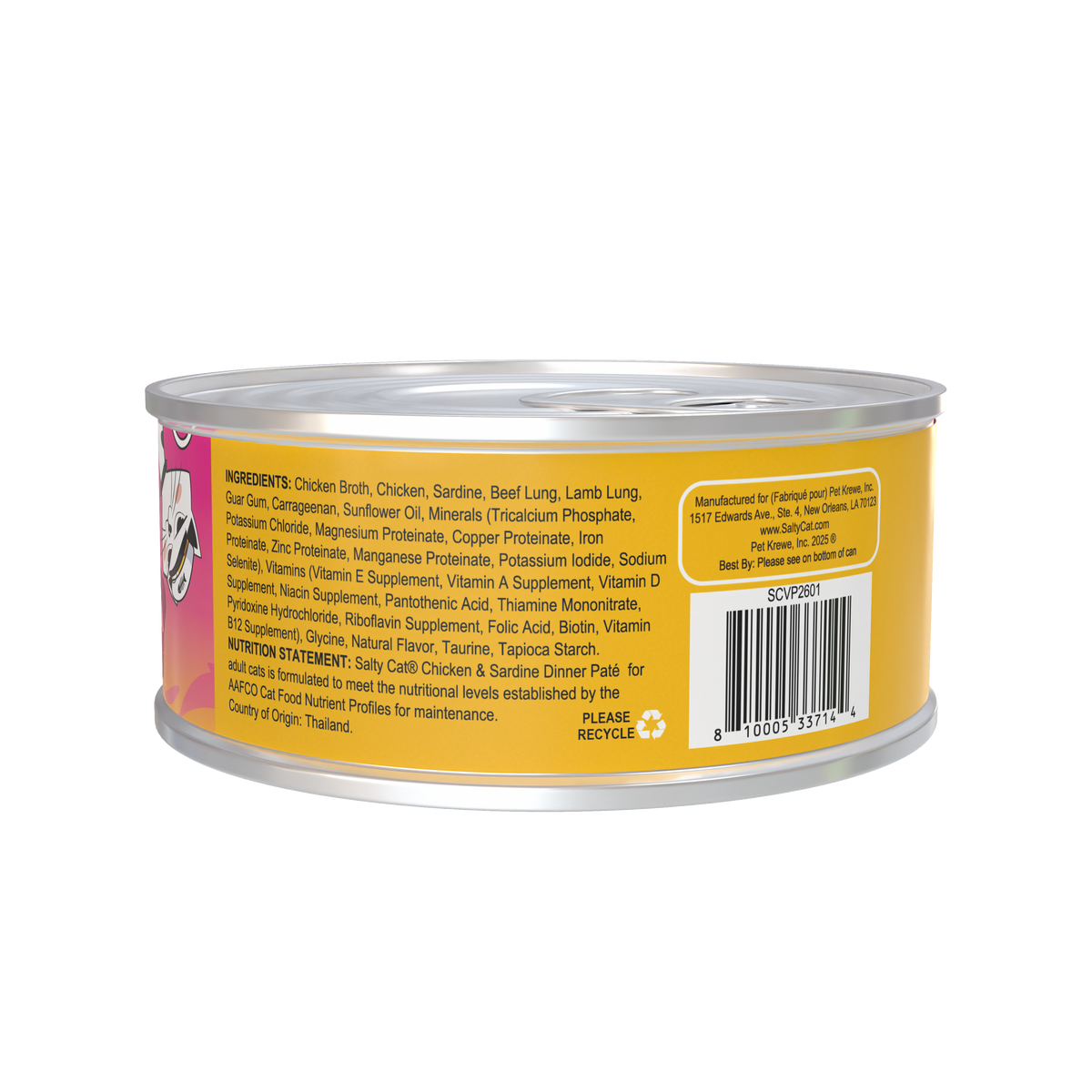 Side view of Salty Cat Captain's Catch Dinner Paté can with ingredients and barcode on label.