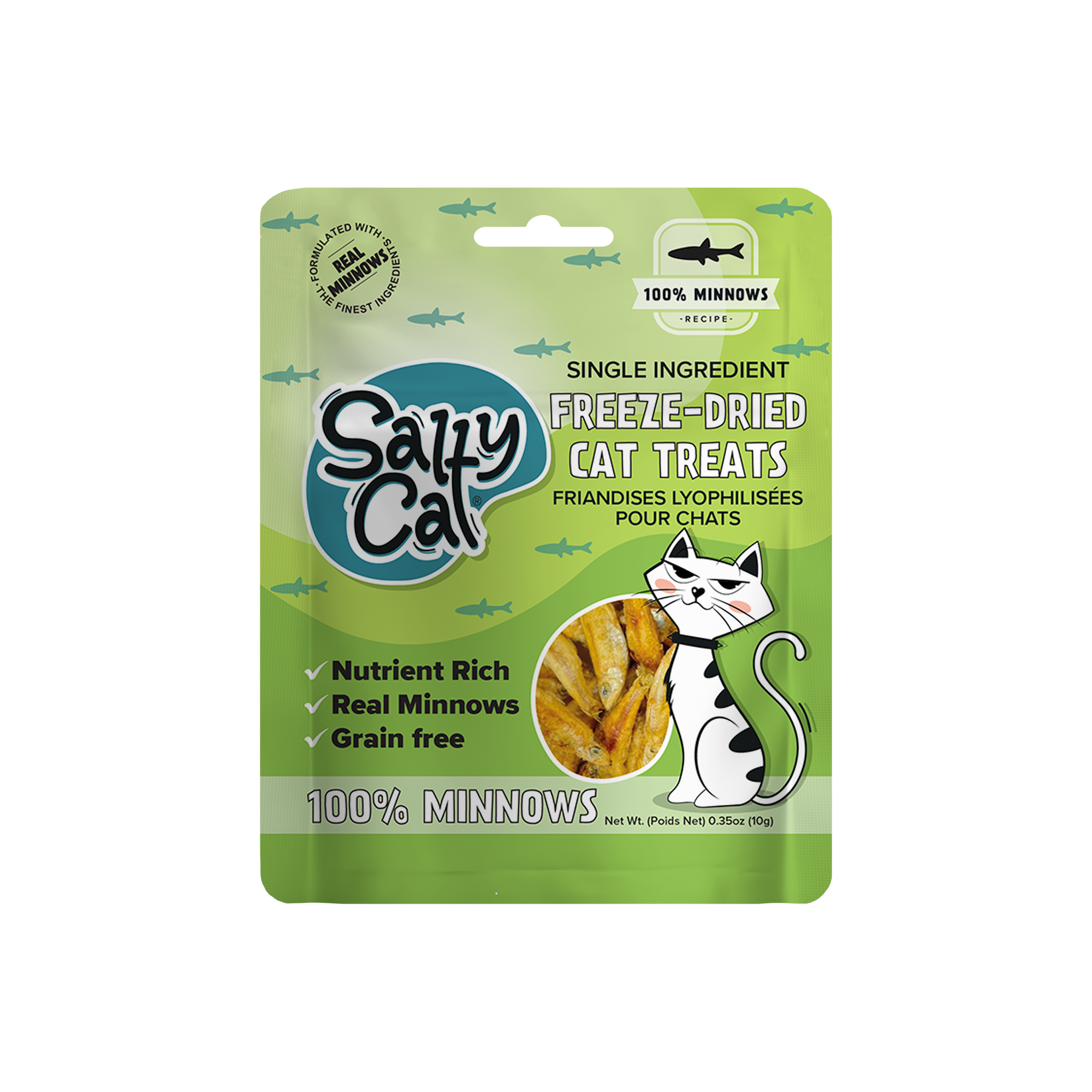 Salty Cat Freeze Dried Minnows 10g, 1 Pack, with wild-caught minnows & cartoon design.