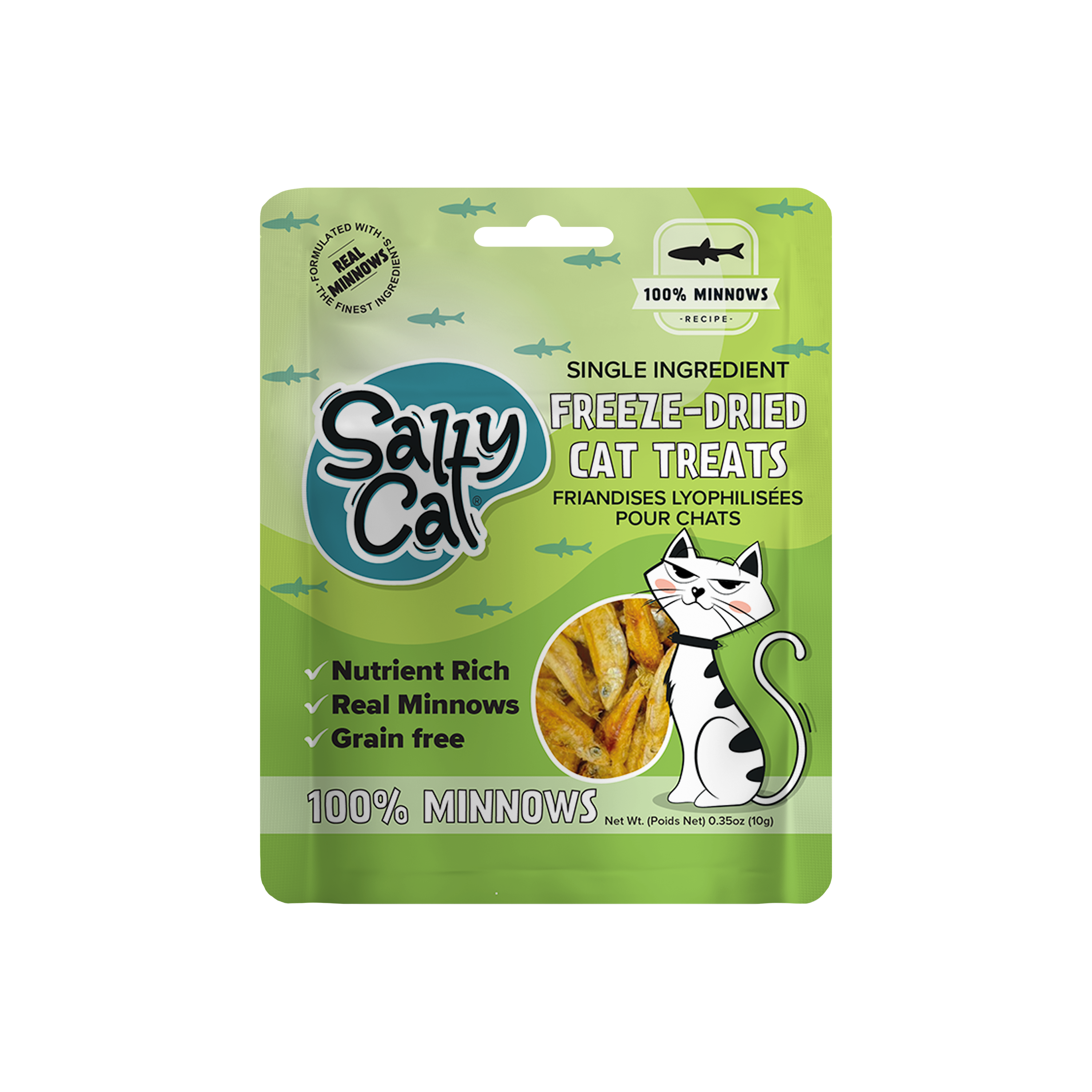Salty Cat Freeze Dried Minnows 10g, 1 Pack, with wild-caught minnows & cartoon design.