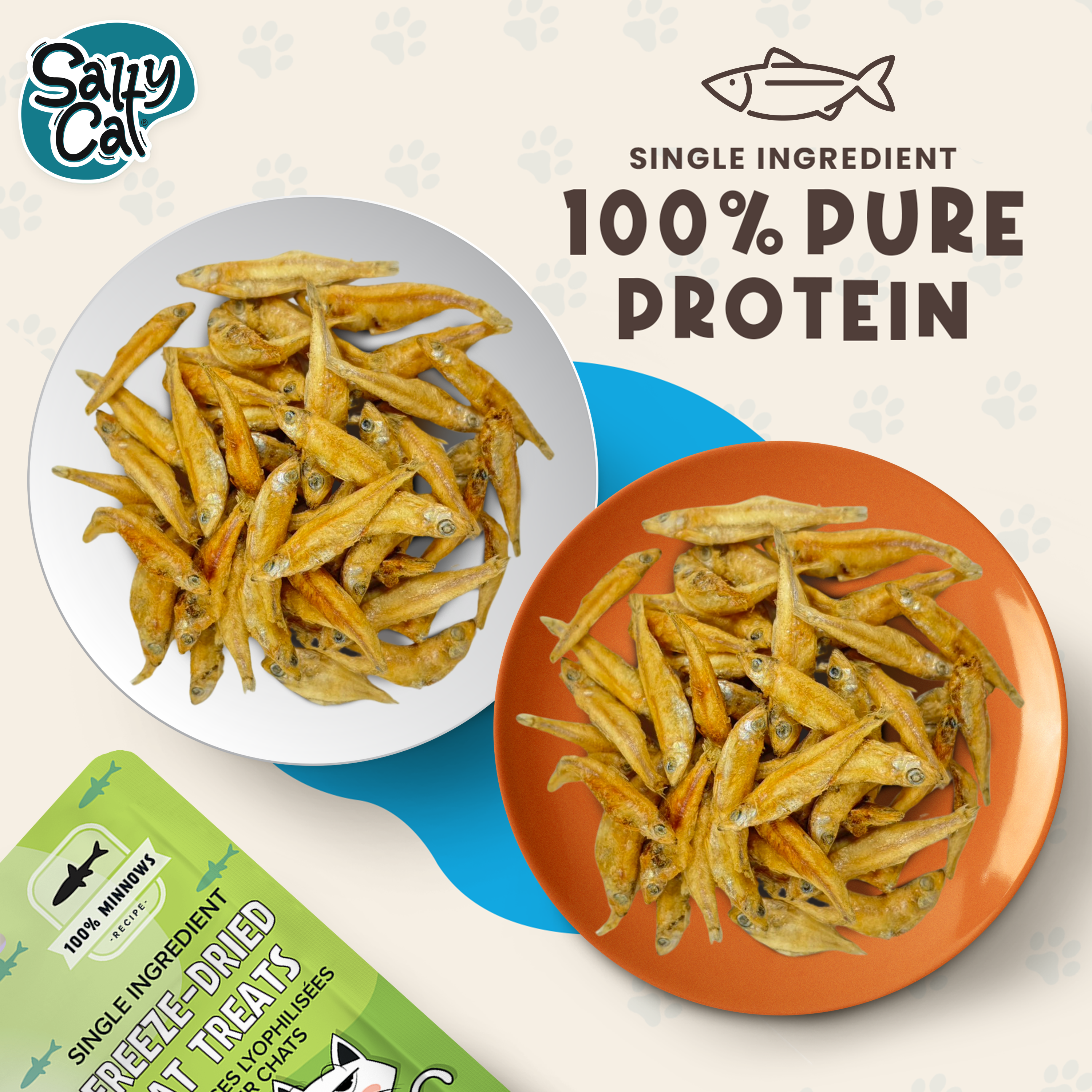 Two plates of whole minnows and a Salty Cat Freeze Dried Minnows 10g pack on display.