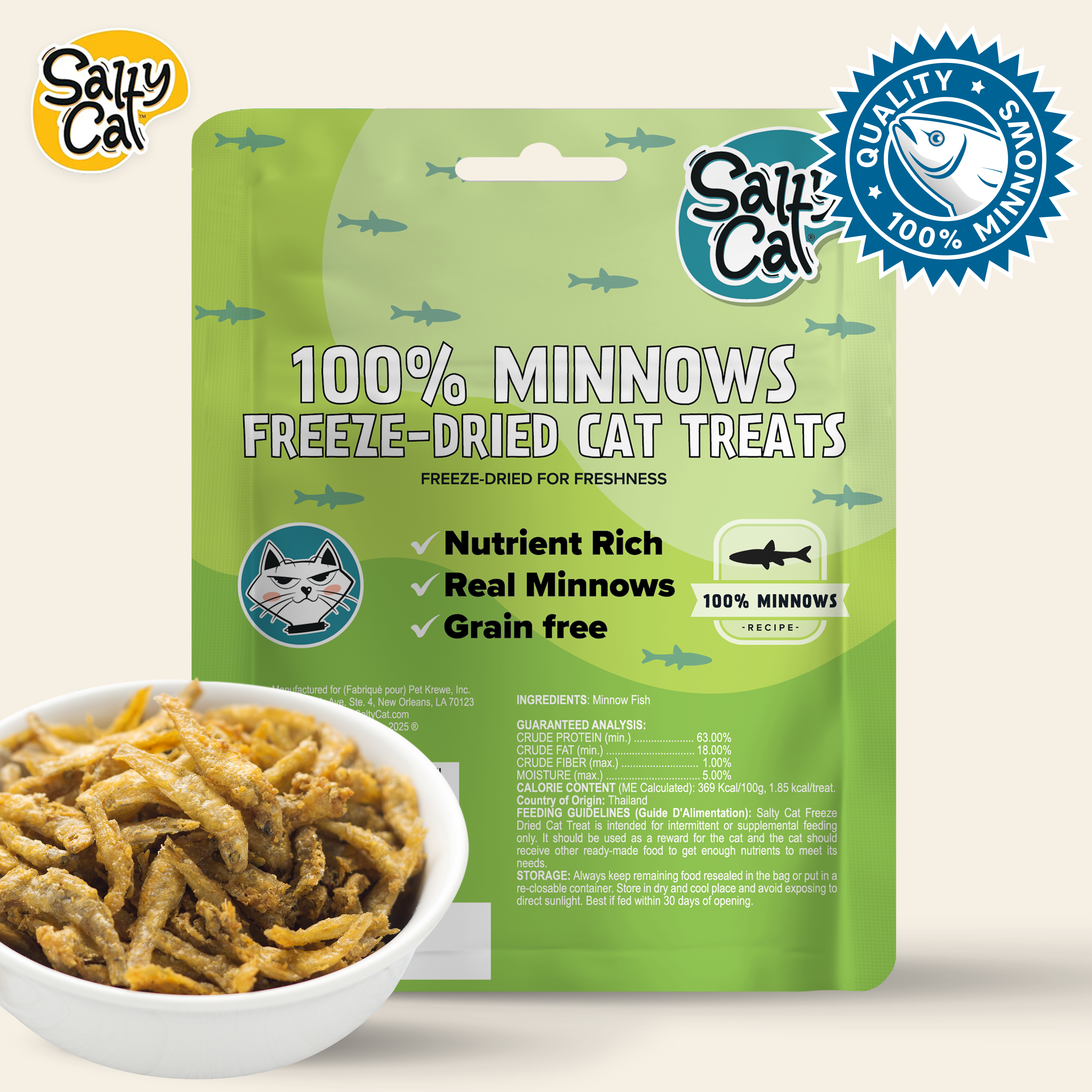 Green pack of Salty Cat Freeze Dried Minnows 10g with a bowl of dried minnows in front.