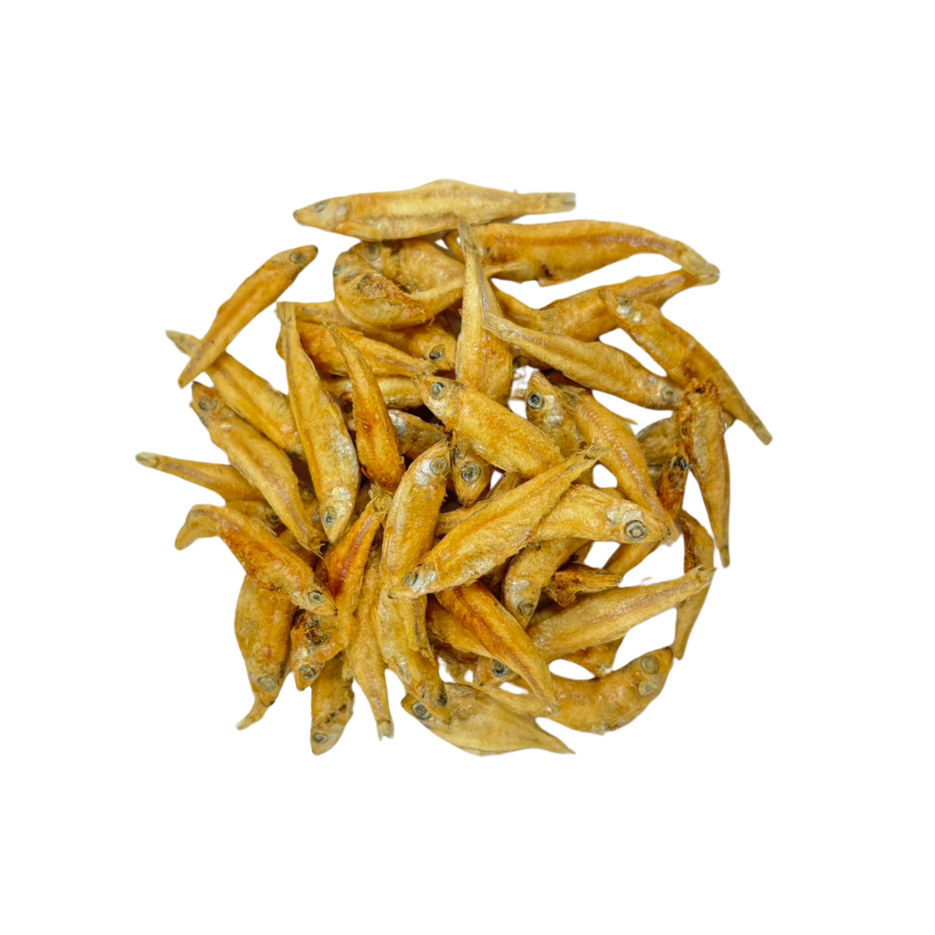 Salty Cat Freeze Dried Minnows 10g, 1 Pack, arranged in a circle on a white background.