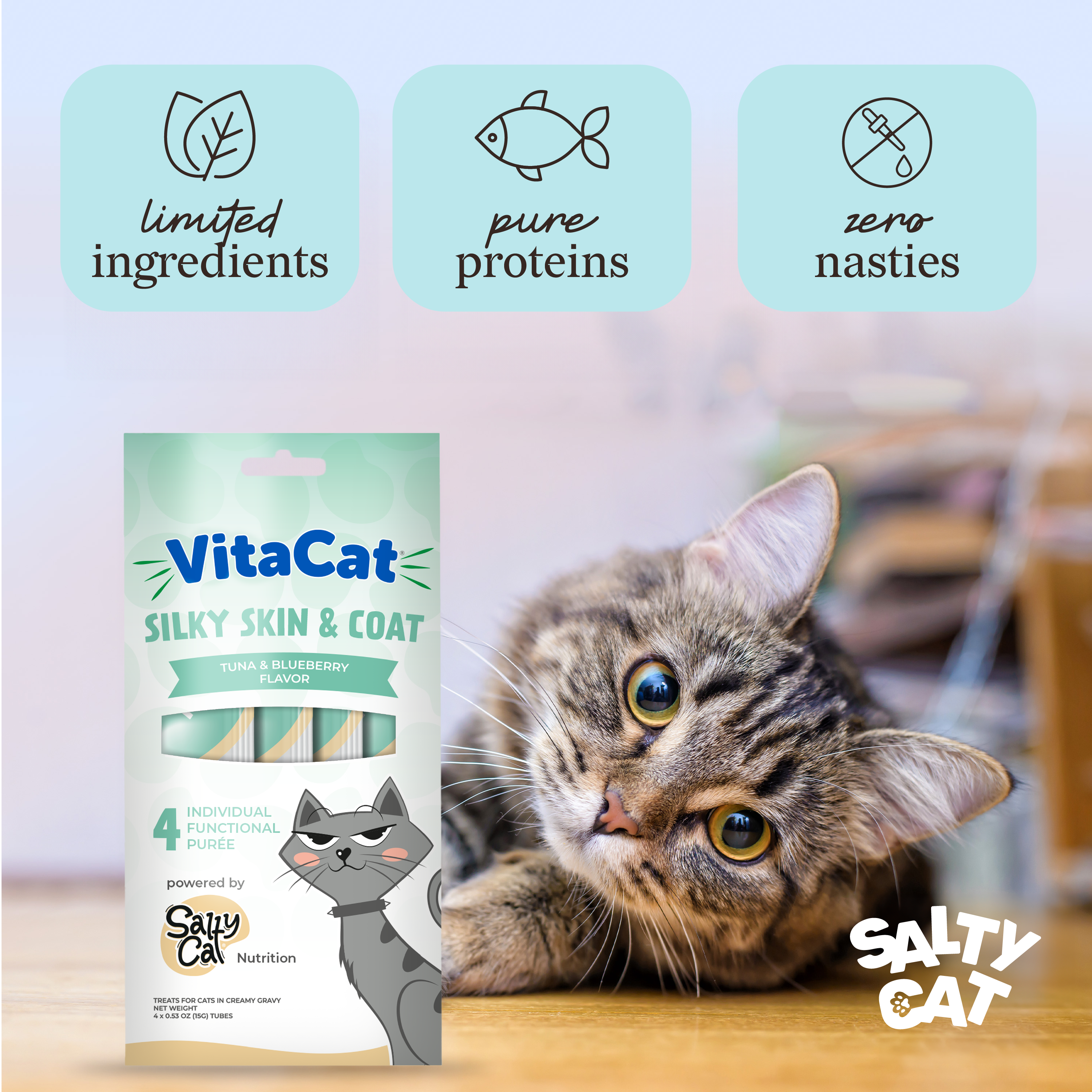Simple ingredients, pure protein—VitaCat by Salty Cat Chill Out treats for shiny kitty coats.