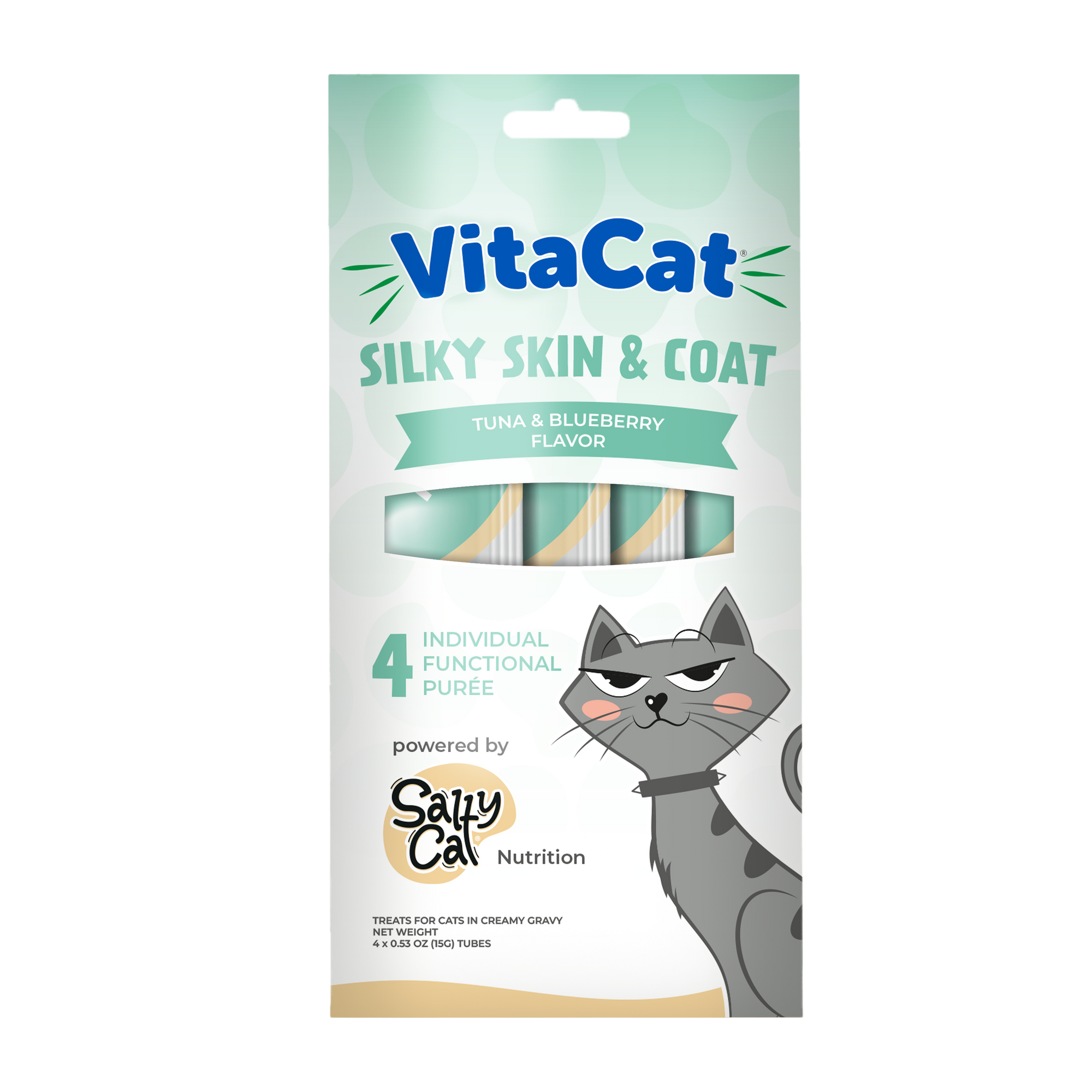 Salty Cat VitaCat Chill Out, 1 Pack, grain-free tuna & blueberry puree cat treat with illustration.