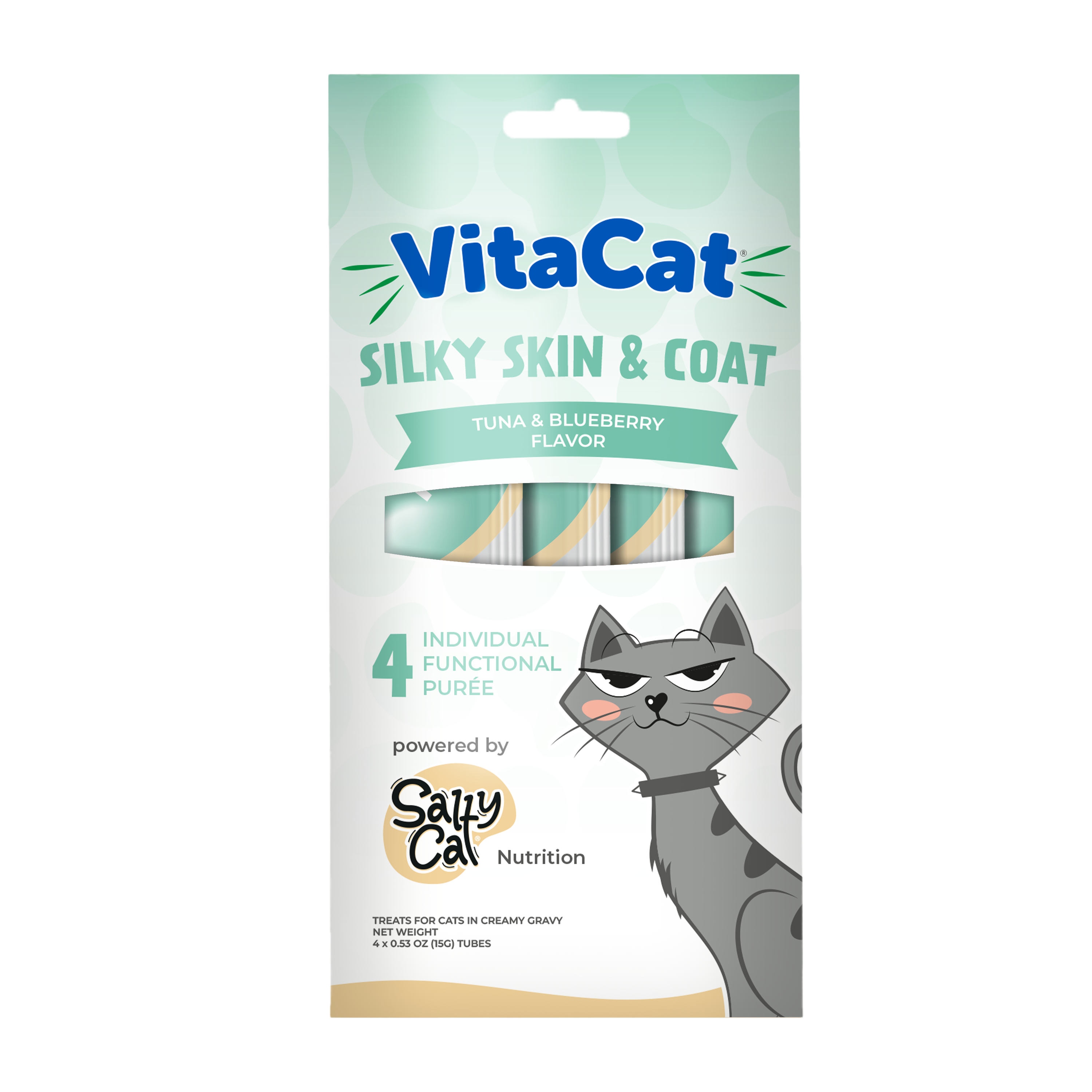 Salty Cat VitaCat Chill Out, 1 Pack, grain-free tuna & blueberry puree cat treat with illustration.