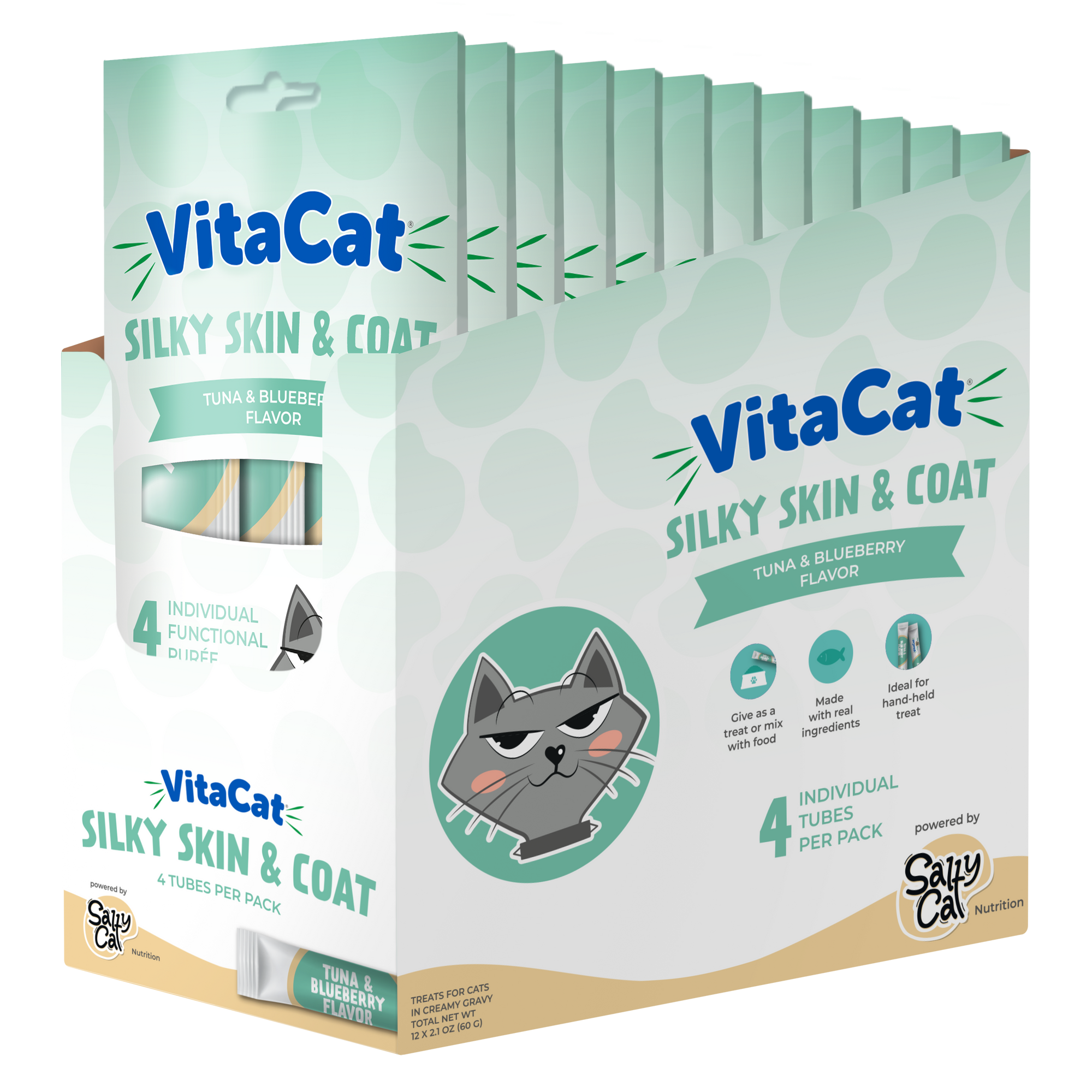 Salty Cat VitaCat Good Fur Skin & Coat Creamy Cat Treats, 48 tubes, in green box.