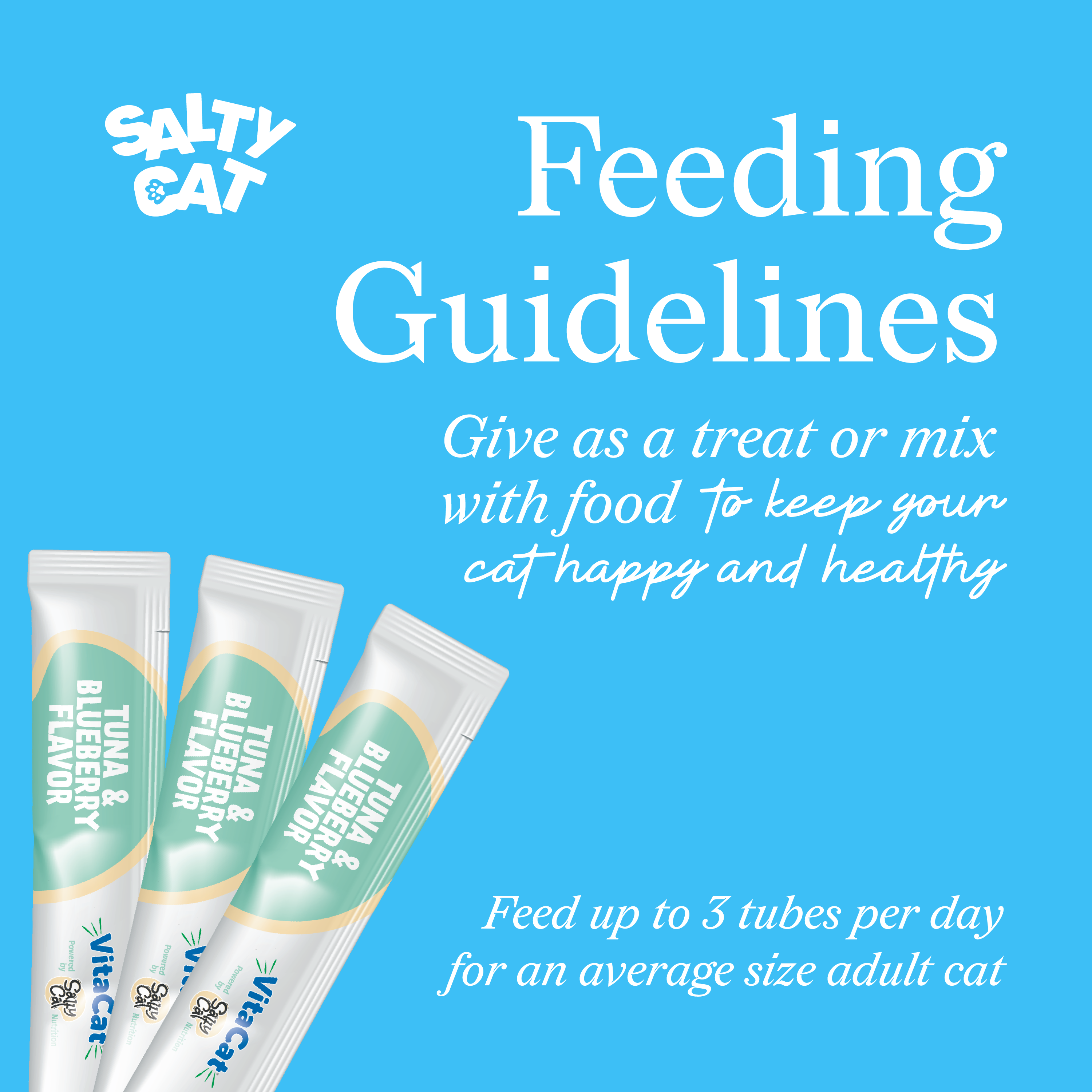 VitaCat by Salty Cat Silky Skin and Coat, 1 pack, with feeding info on a blue background.