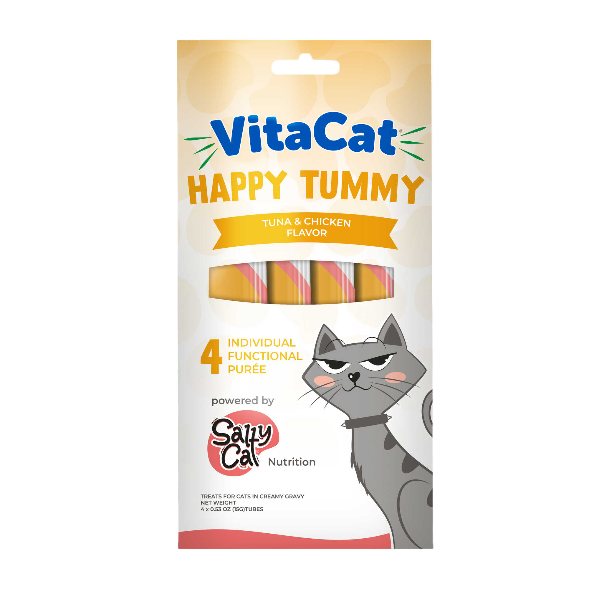 VitaCat by Salty Cat Happy Tummy cat treat, 1 pack, features cartoon cat and four sticks.