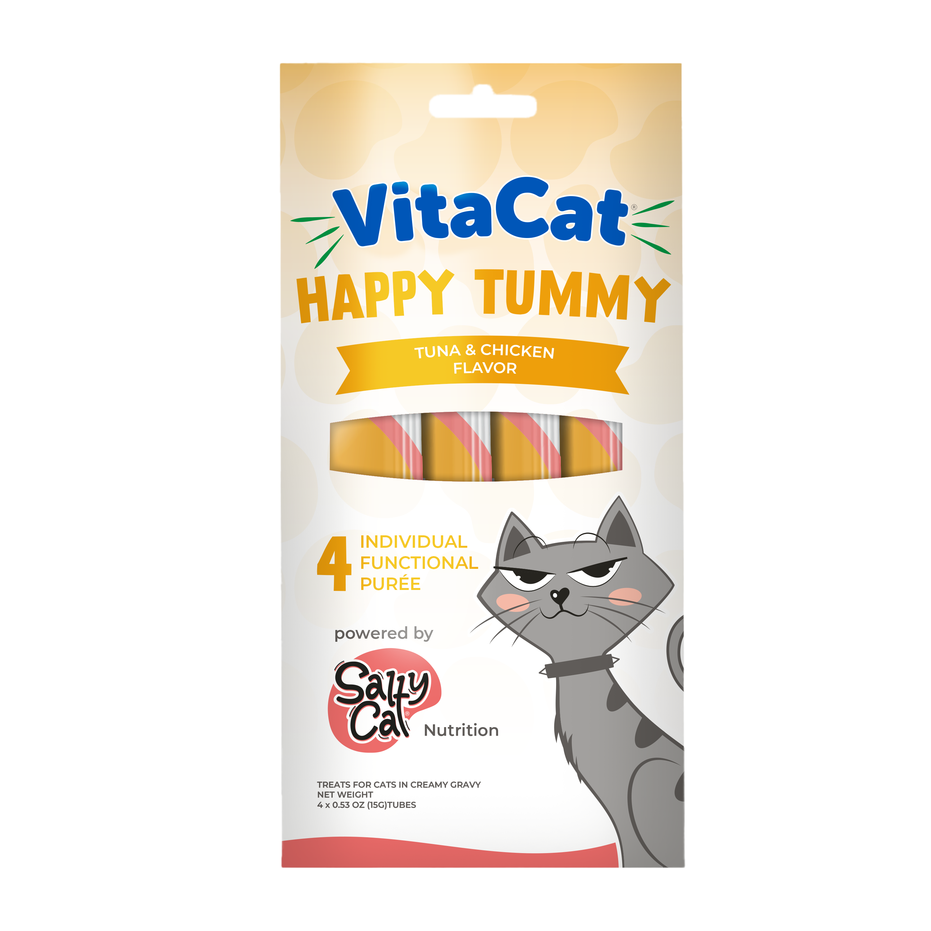 VitaCat by Salty Cat Happy Tummy cat treat, 1 pack, features cartoon cat and four sticks.