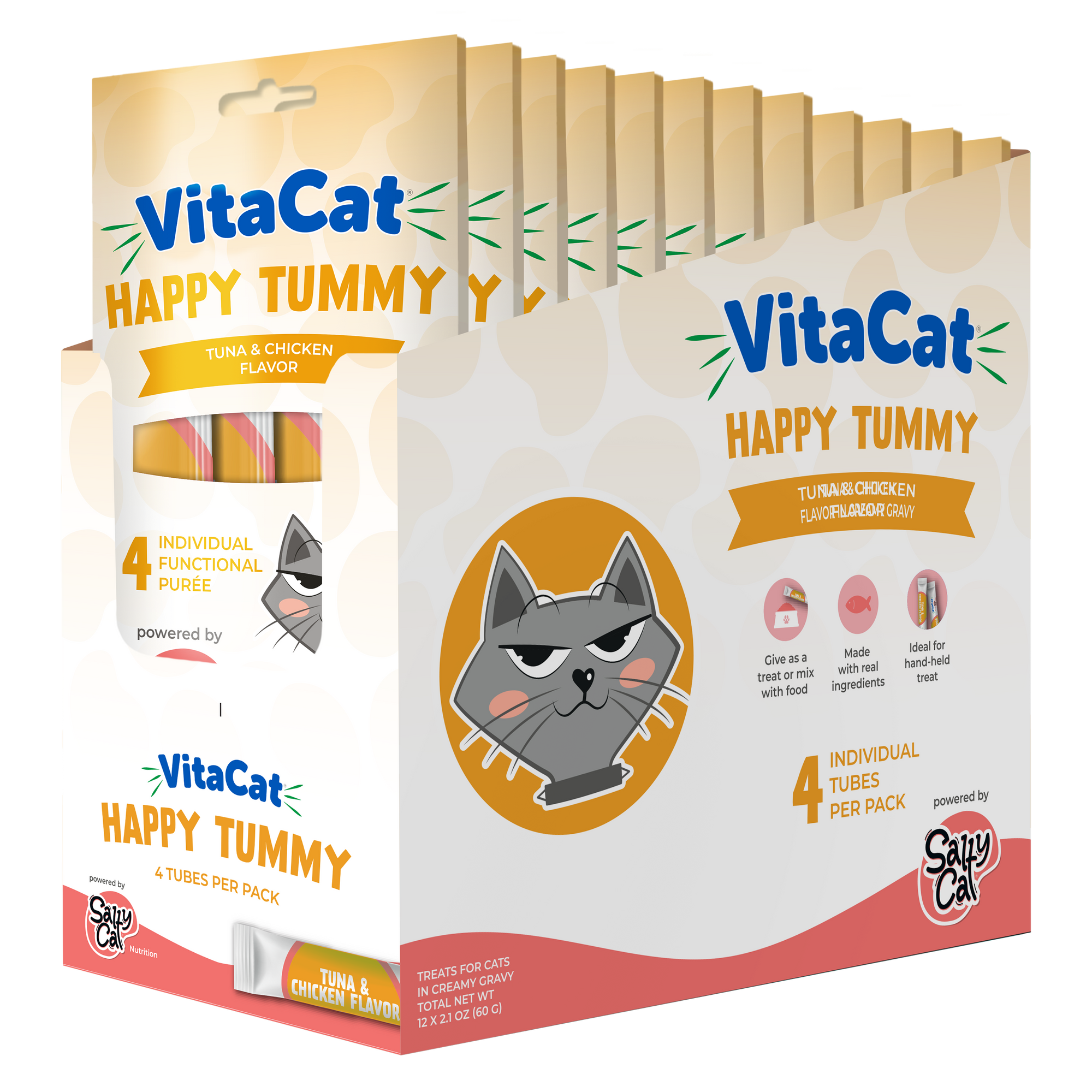 Salty Cat VitaCat Happy Tummy Digestive Creamy Cat Treats, 48 tubes, tuna & chicken flavor.