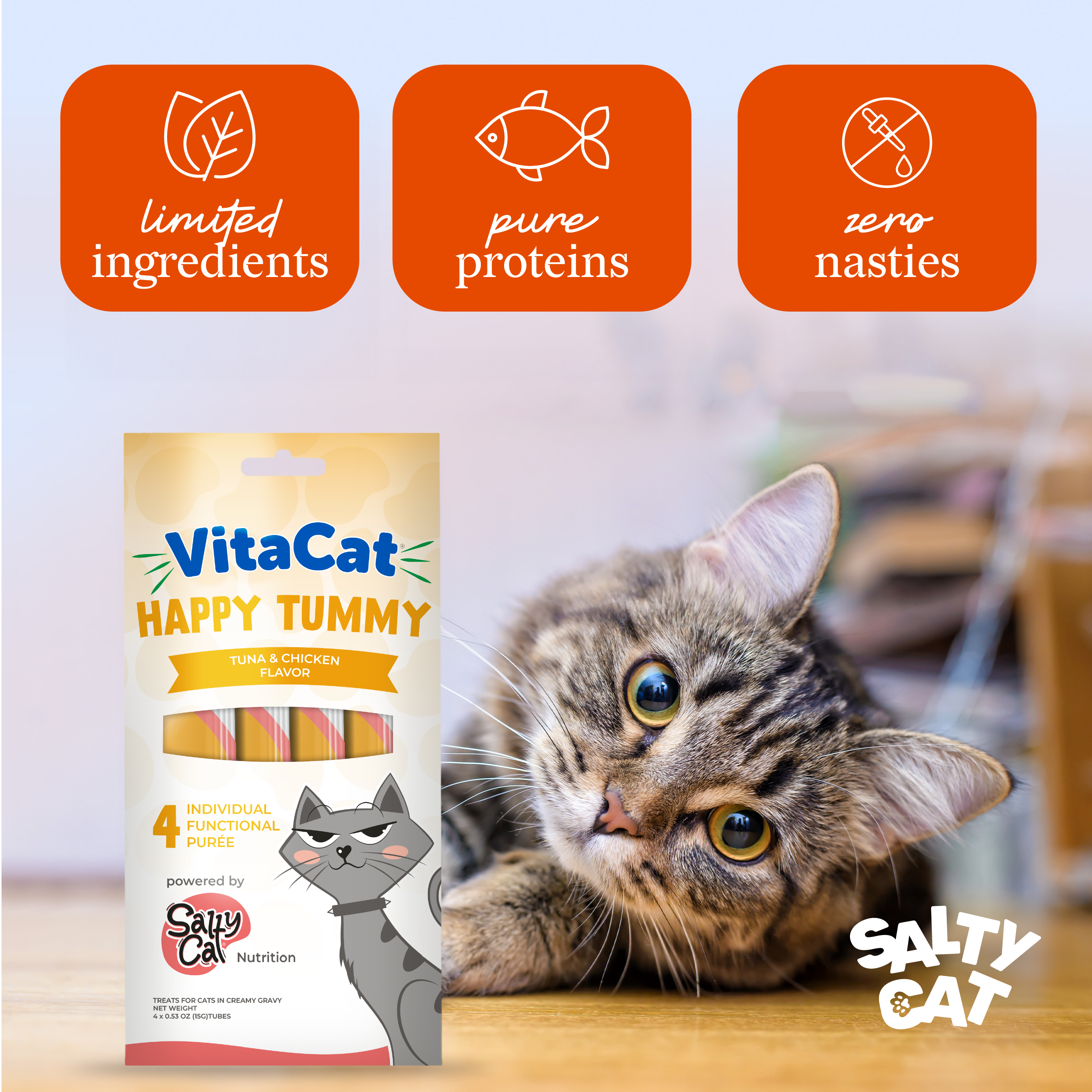 VitaCat by Salty Cat Happy Tummy treat; pure protein, tummy support, Salty Cat logo.