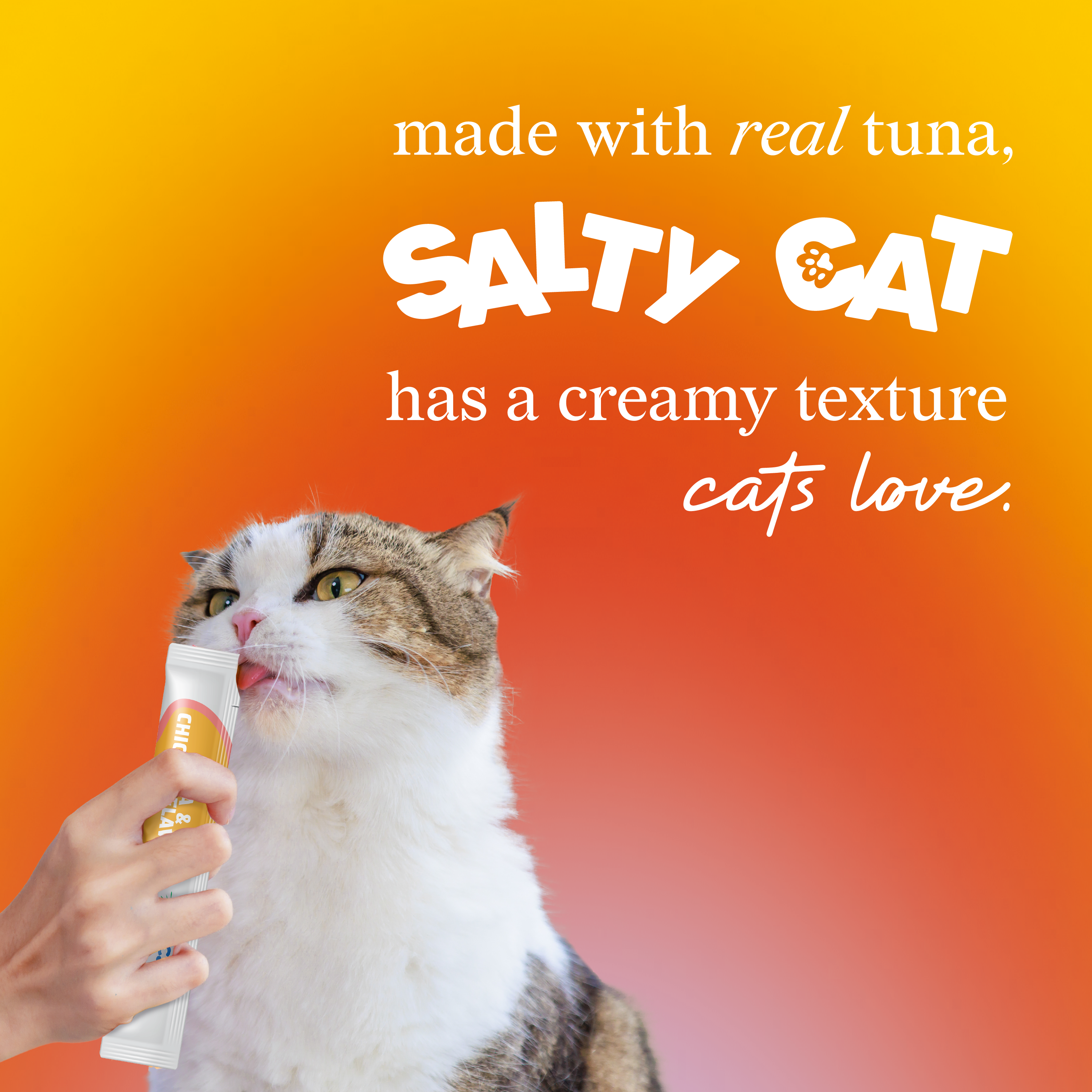 Cat enjoys VitaCat by Salty Cat Happy Tummy treat tube for digestion on an orange gradient.