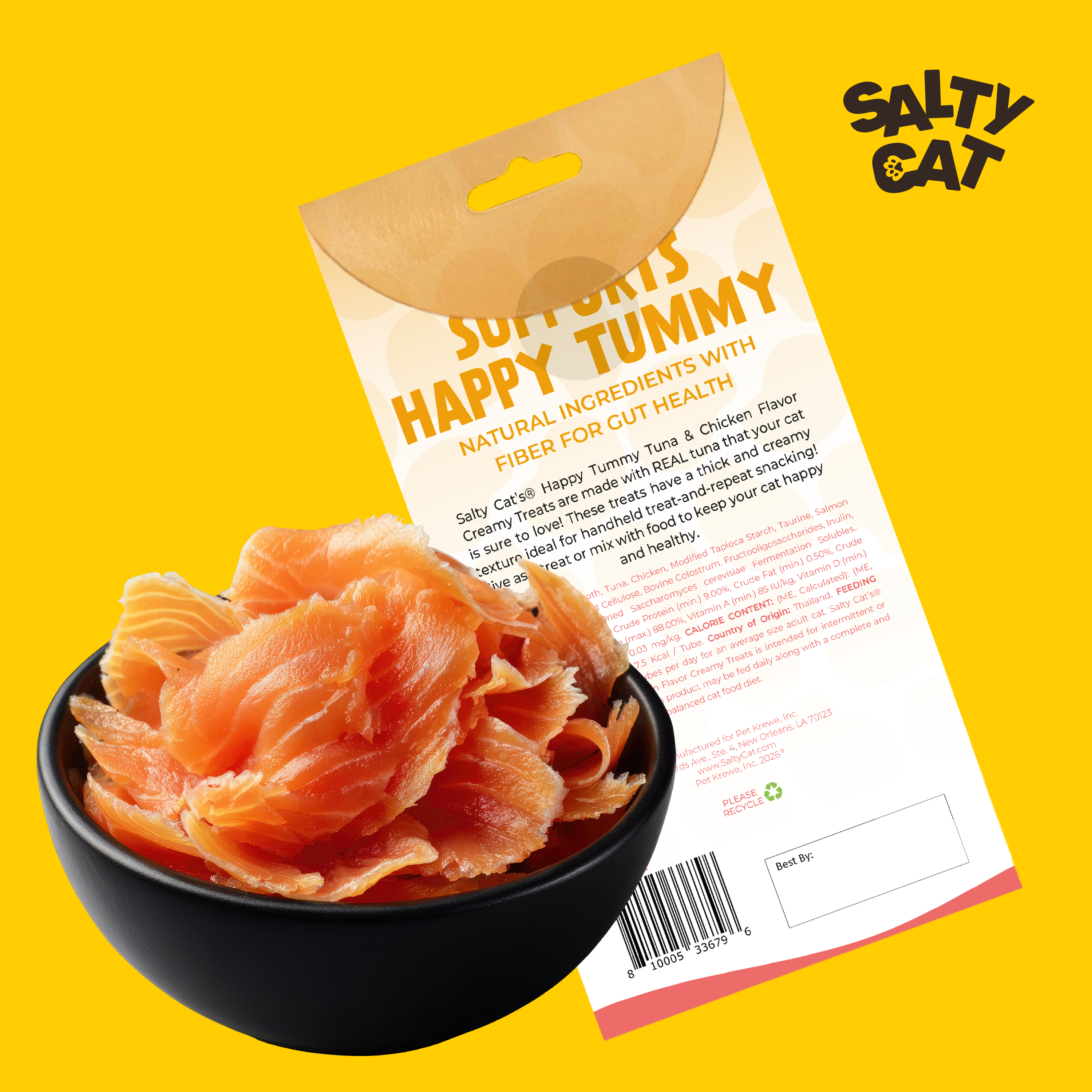 VitaCat by Salty Cat Happy Tummy treats with prebiotics & probiotics in front of package.