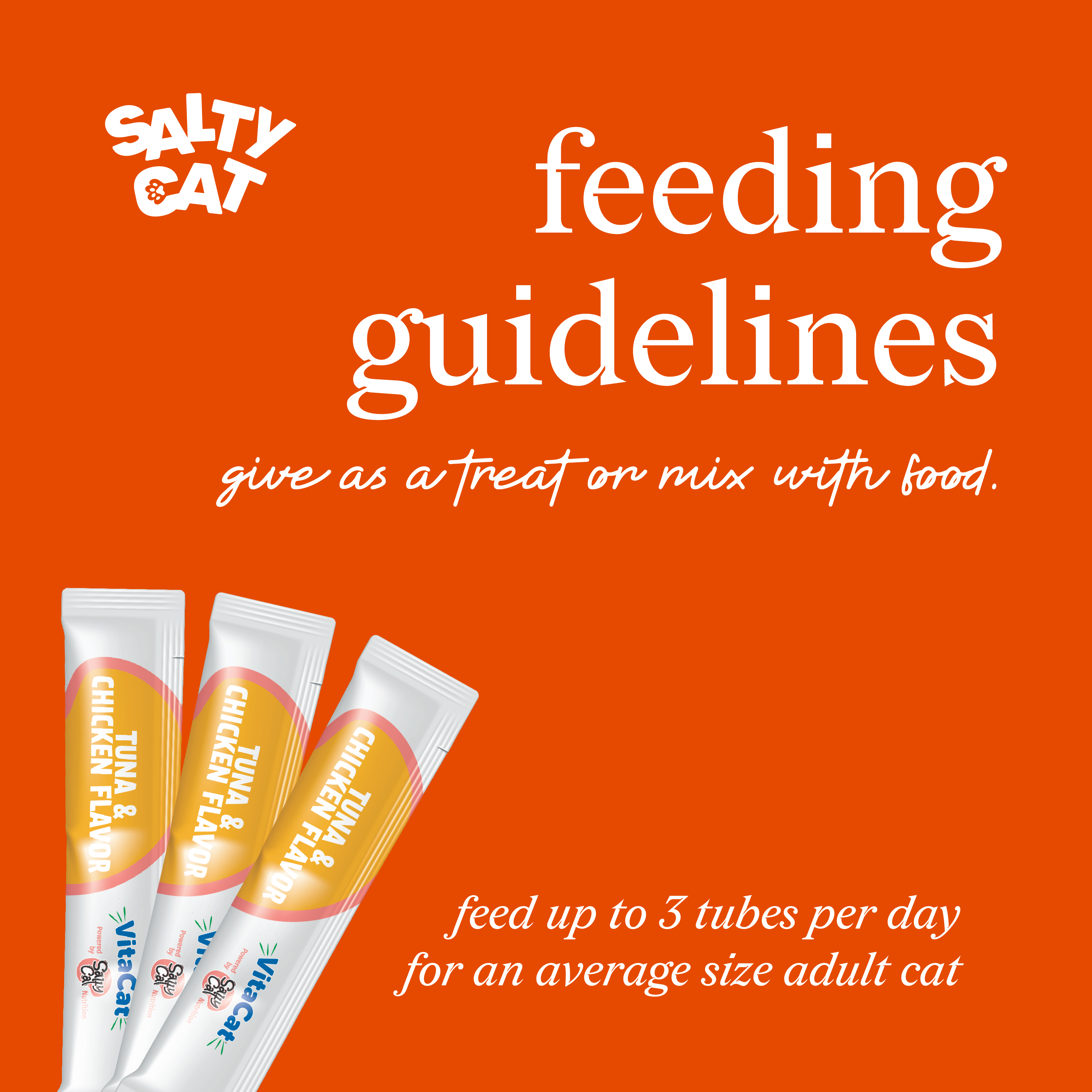 Three VitaCat creamy treat tubes by Salty Cat with feeding guide on an orange background.