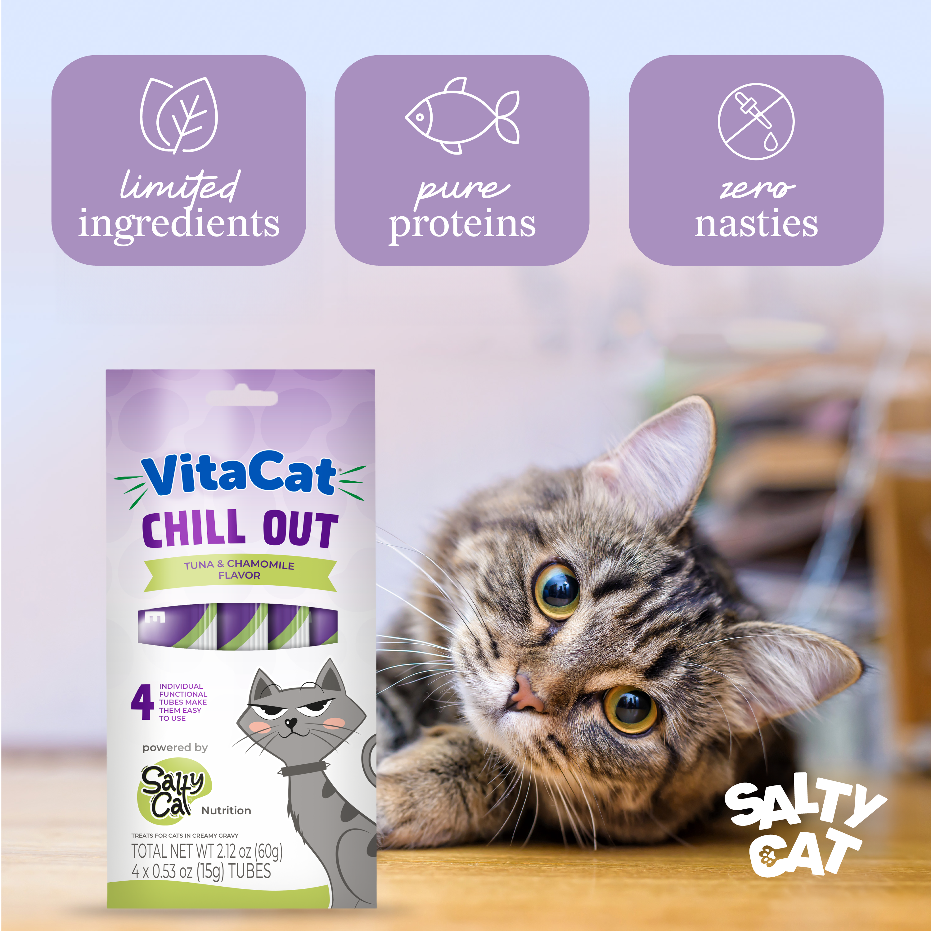 VitaCat by Salty Cat Chill Out Functional Cat Treats, 4 x 15g Tubes (12 Packs)