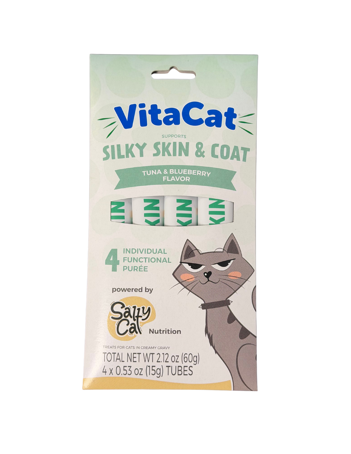 Salty Cat Goodie Bag, 4 tubes, tuna blueberry purées, illustrated cat on box.