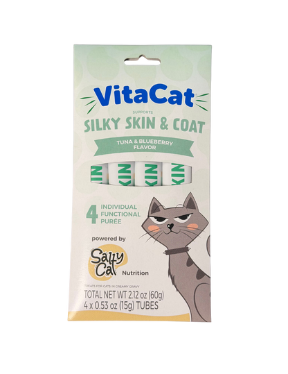 Salty Cat Goodie Bag, 4 tubes, tuna blueberry purées, illustrated cat on box.