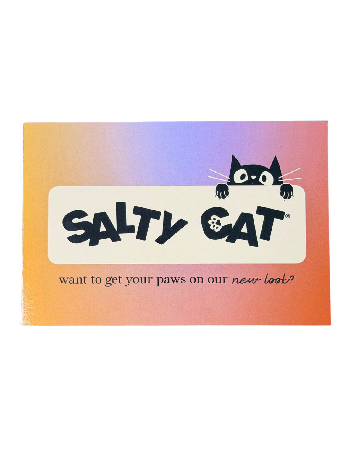 A cartoon cat peeks over a Salty Cat sign, dreaming of Goodie Bag treats and purées.