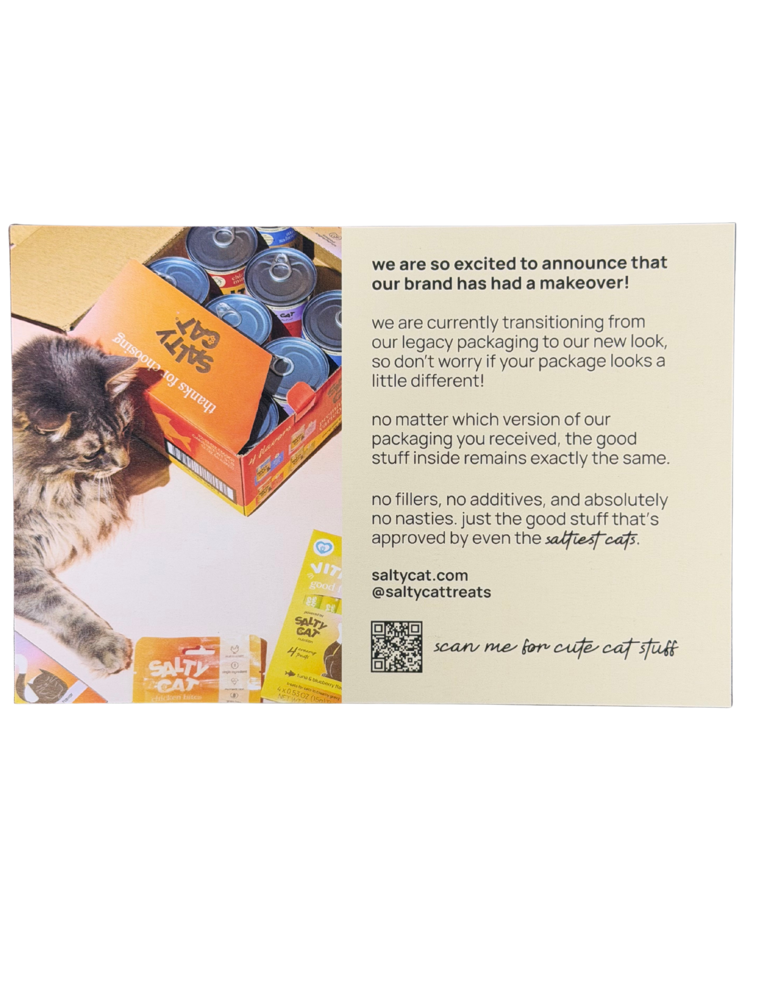 A salty cat eyes a message about new Salty Cat Goodie Bag packaging by freeze-dried treats.