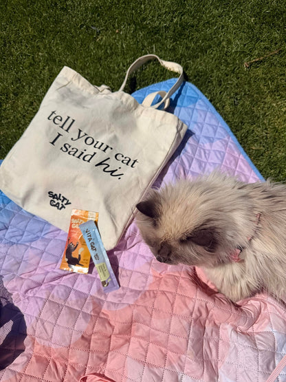 A fluffy white cat lounges on a pink and purple quilt outdoors beside the Salty Cat Essential Tote Bag that says "tell your cat I said hi," and two packets of Salty Cat treats—the perfect accessories for cat lovers.